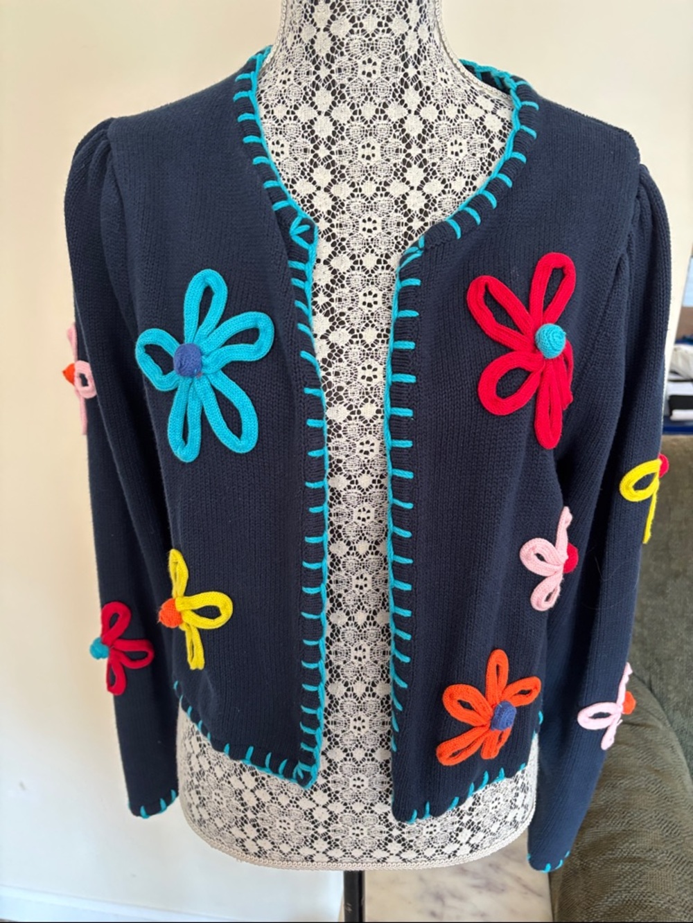 Zara Navy Cardigan with Multicolor Floral Appliqués